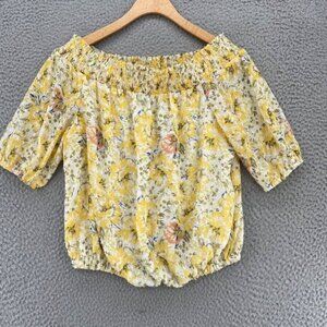 JOIE Top Womens Small Yellow Floral Swiss Dot Smocked Off Shoulder 1/2 Sleeves
